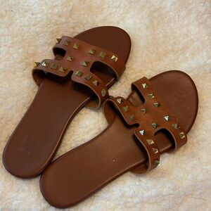 Studded Brown Slide Sandals